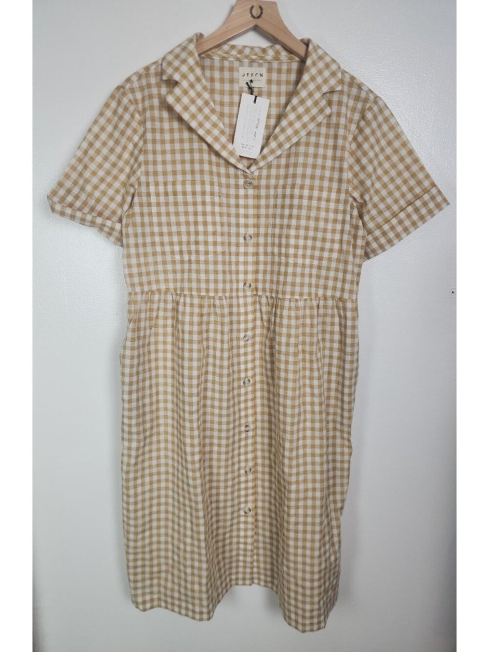 Offon Clothing Women's Sz. L Short Sleeve Button Down Tan Gingham Dress NWT